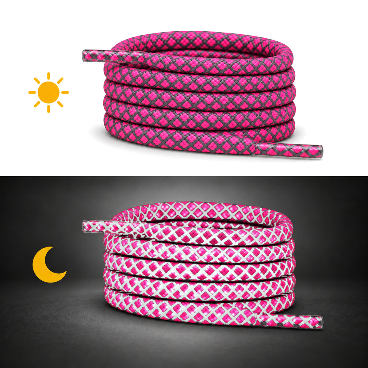 Rose vif néon – lacets reflechissant rond rose fluo 02 jour nuit