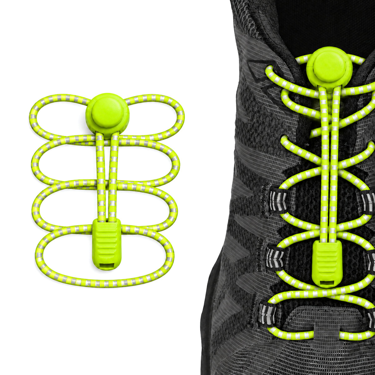 Jaune néon – lacets arret de cordon reflechissant jaune fluo 02 sur chaussure