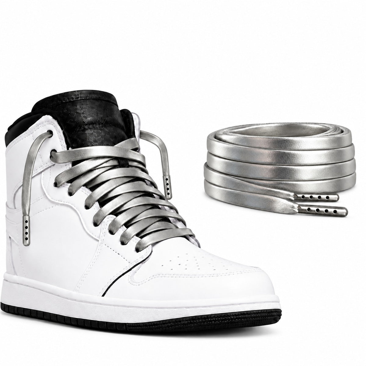 Argent – lacets cuir plat argent 02 chaussure high top blanc