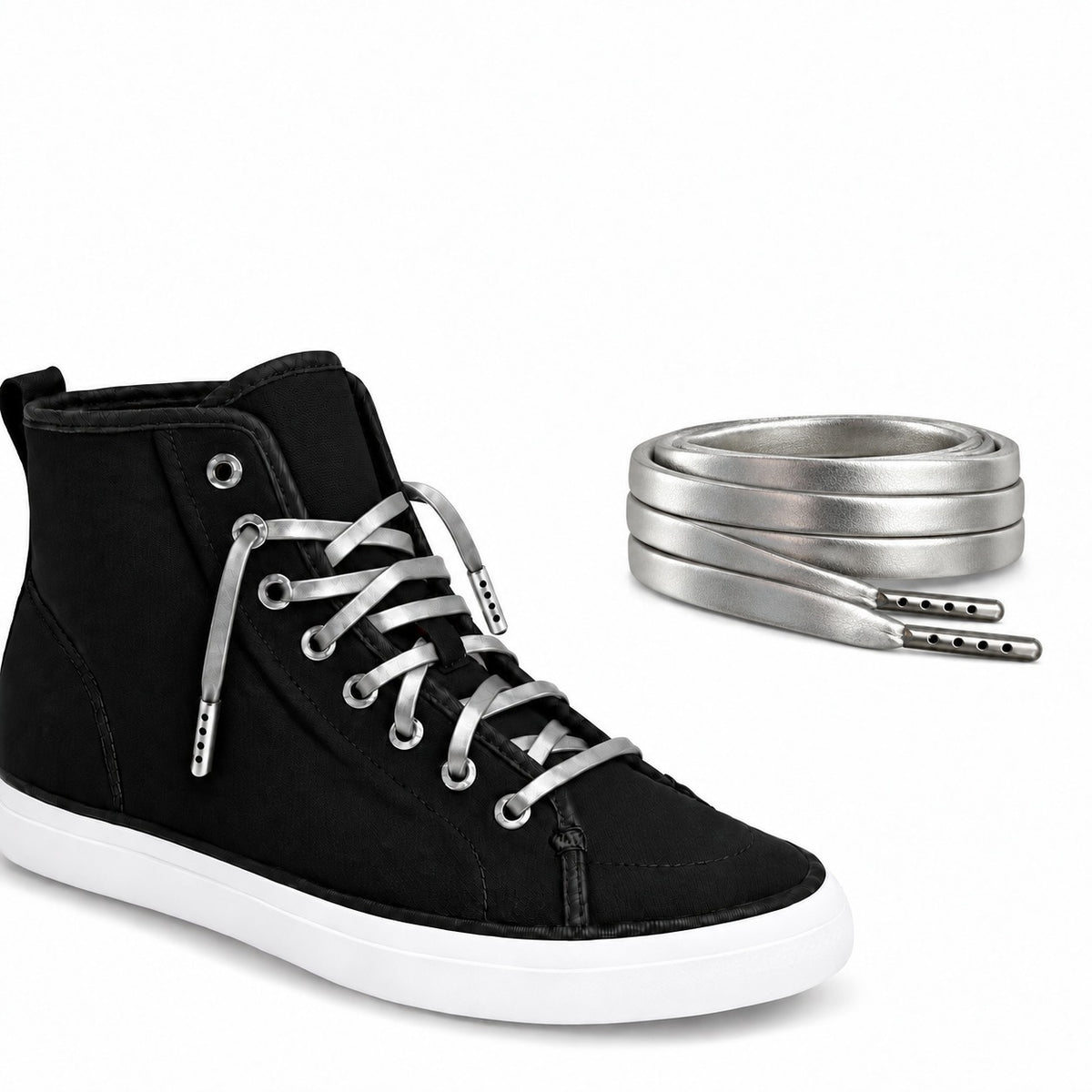 Argent – lacets cuir plat argent 04 chaussure plateau noir