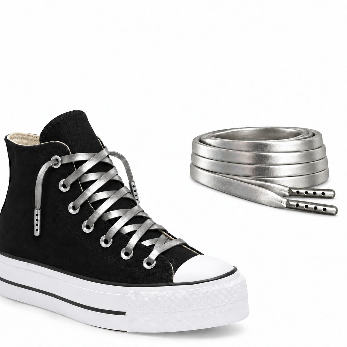 Argent – lacets cuir plat argent 05 chaussure plateau noir